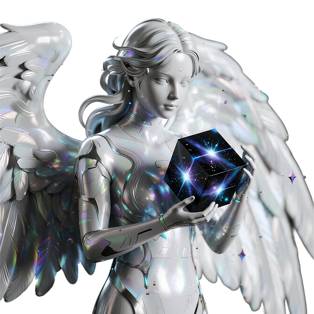 Futuristic Angel holding glowing energy cube